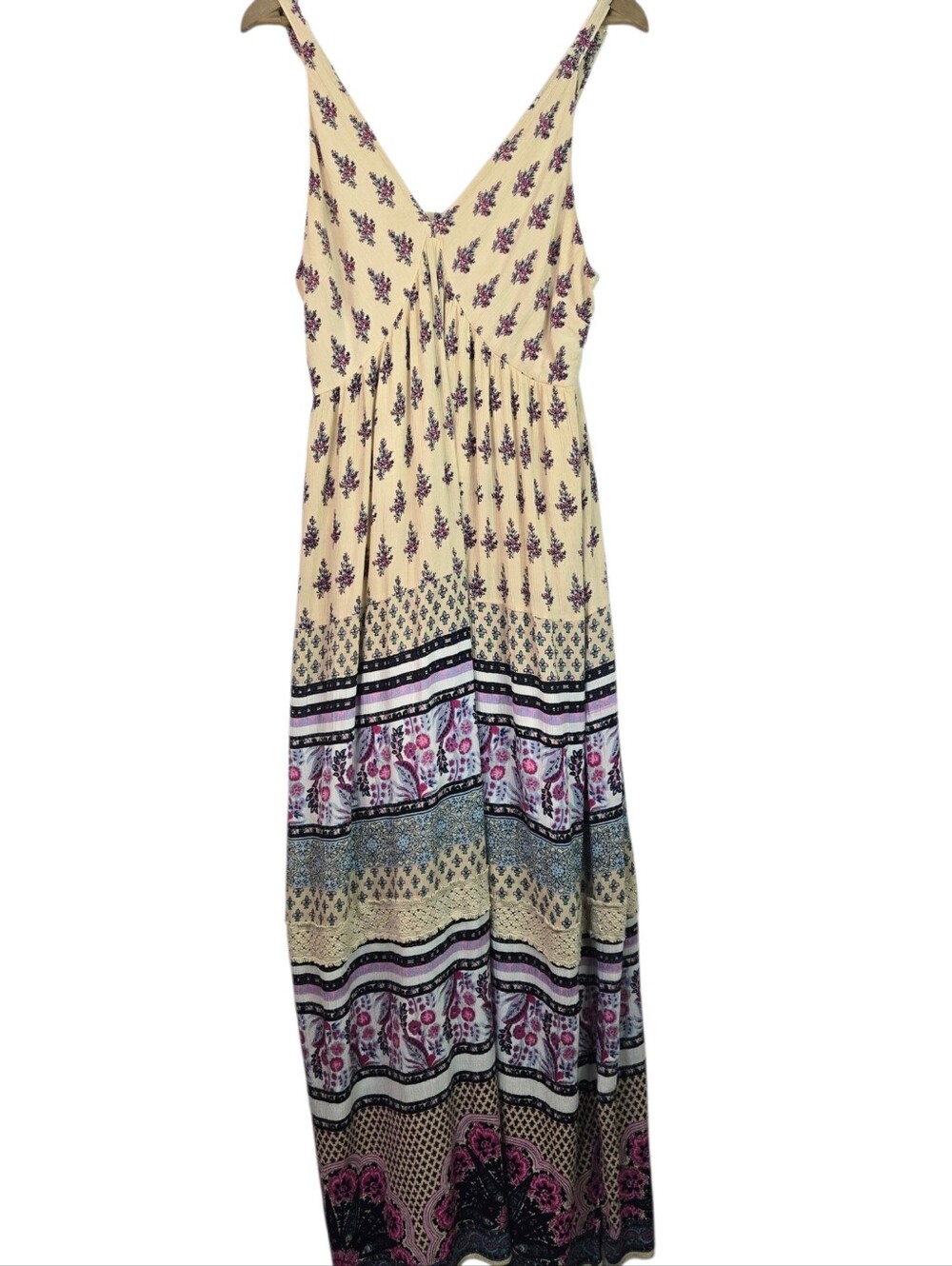 PALAK Size L-XL Bohemian Layered Floral Print Maxi Dress in Cream, Smocked Back